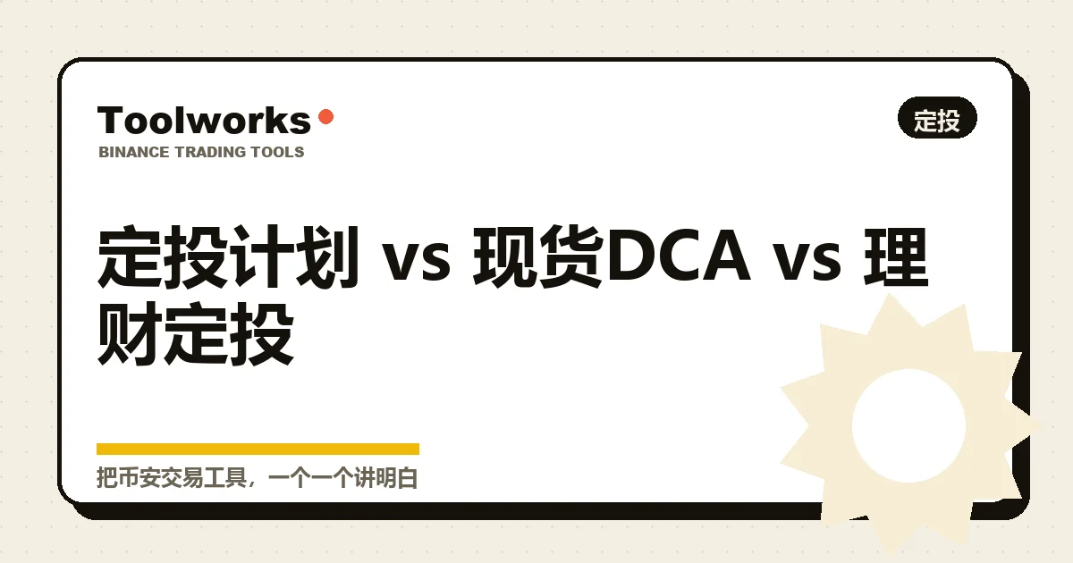 手绘风格的三台投币机器并排：分别代表定投计划、现货 DCA 和理财定投，三个都叫定投却各自不同